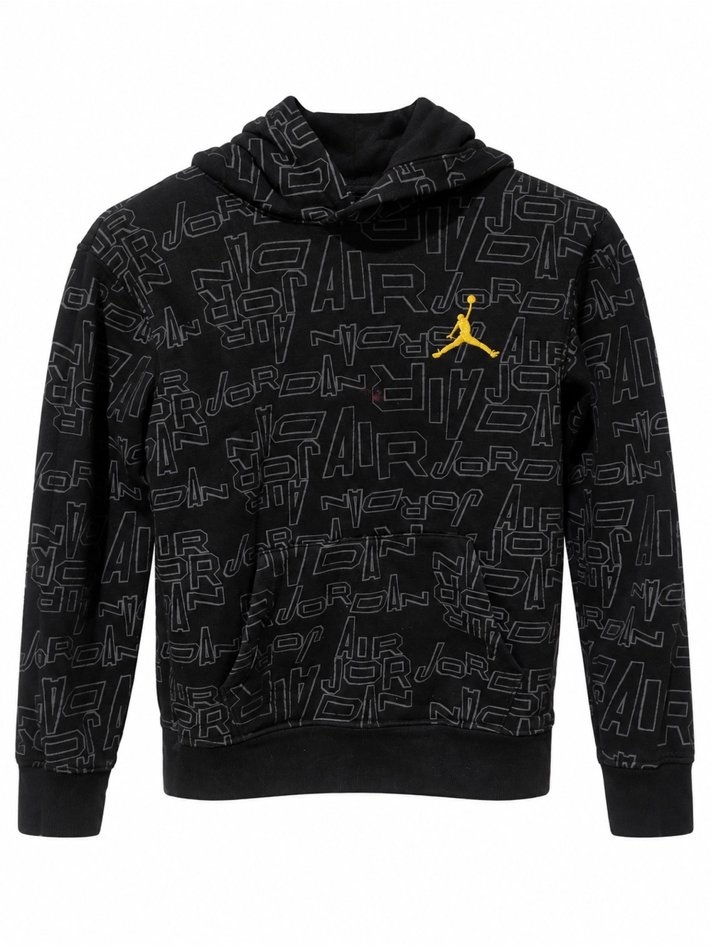 Jordan Black Pullover Hoodie with Yellow Jumpman and Allover Logo Print
